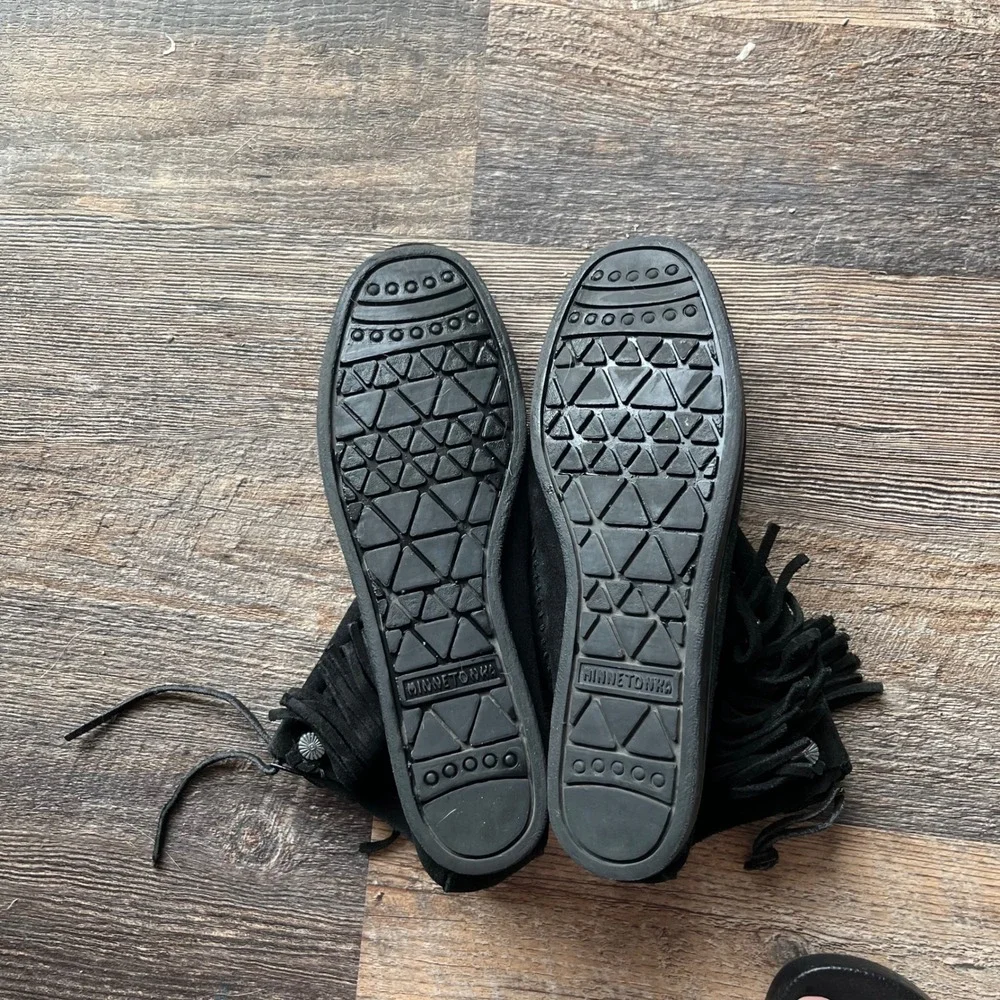 Moccasin Ankle Boots Black Suede‎ Fringe Detail Western Style